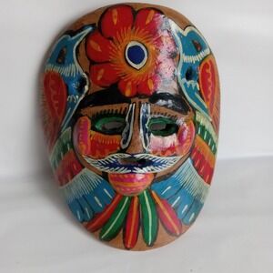 Vintage Mexican Folk Art Terra Cotta Clay Face Mask Jungle Multi Color